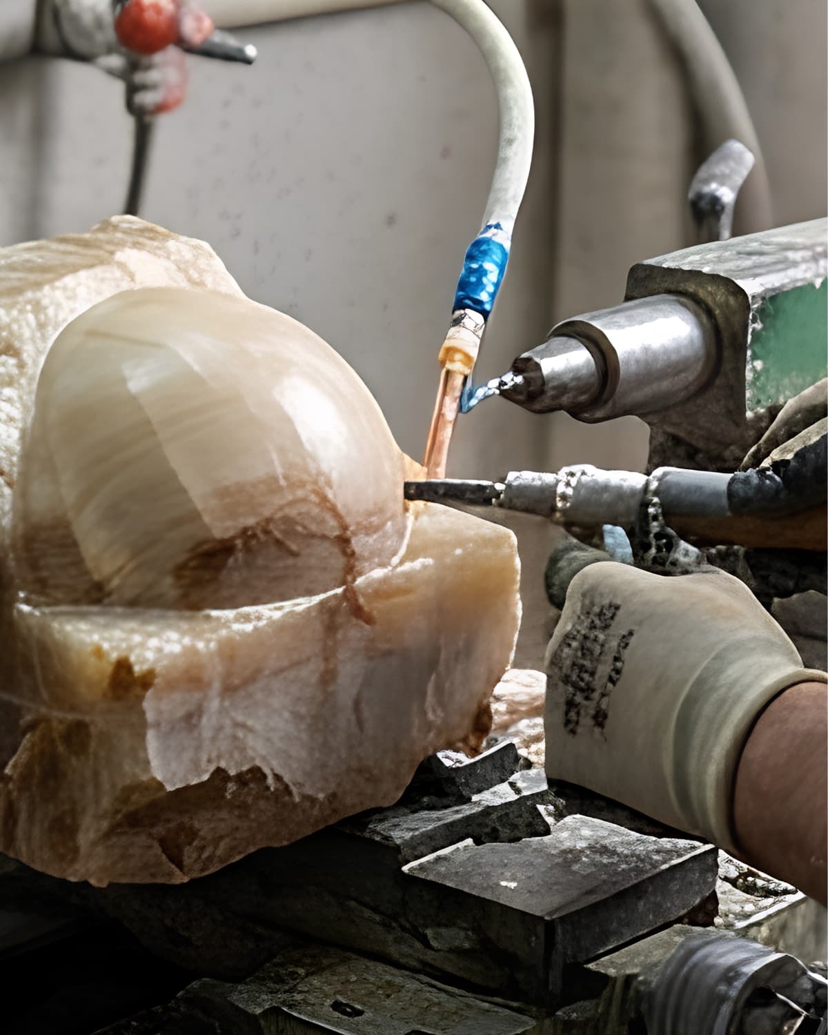 Artisan carving marble on a lathe
