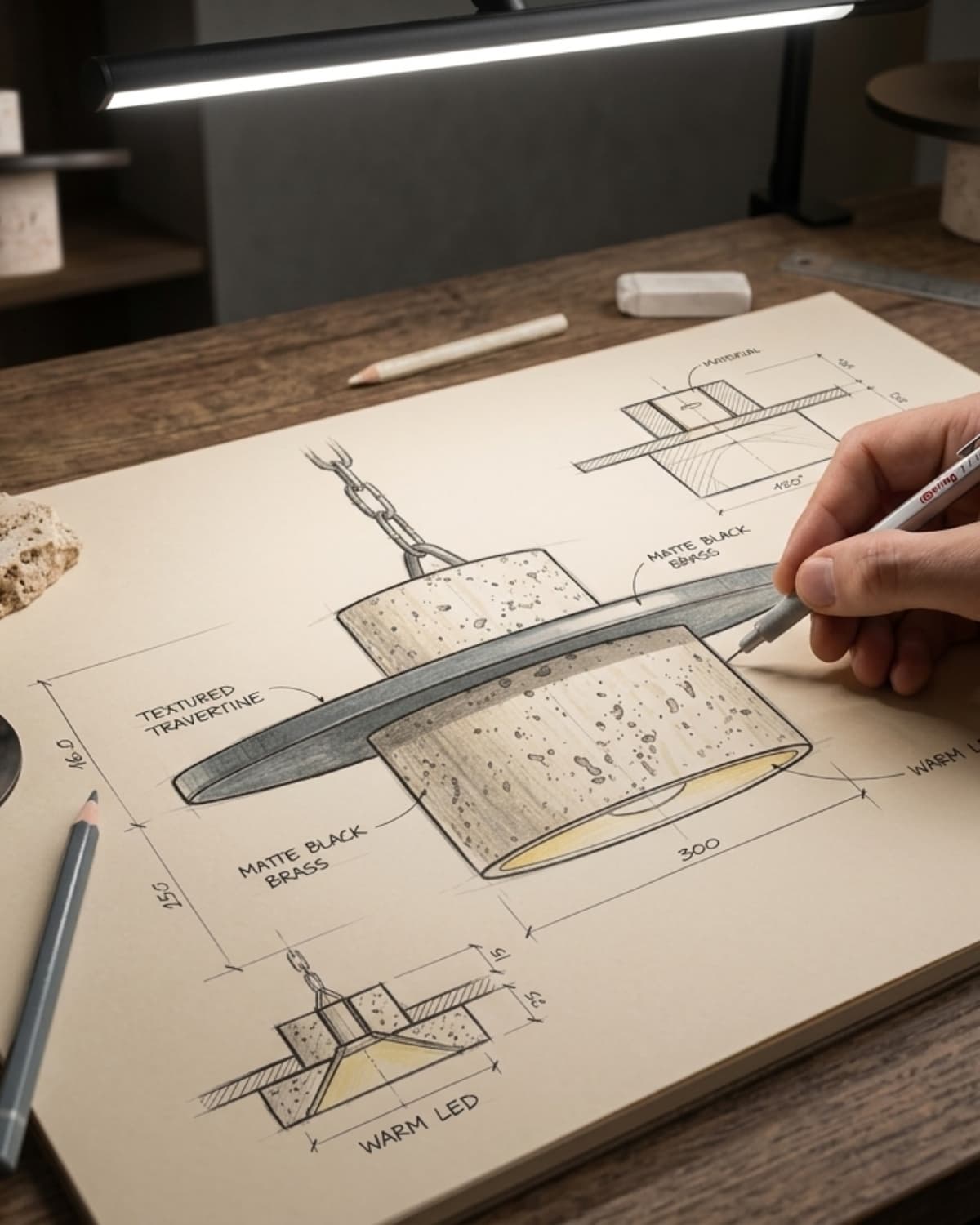 Blueprint sketch of a marble lighting design
